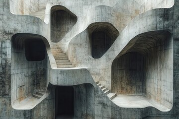 surreal abstract concrete maze with intricate pathways and unique structures presenting an...