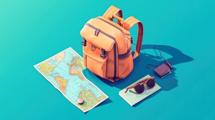 Naklejka premium Travel backpack, map, sunglasses, passport; summer vacation planning