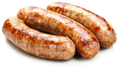 Three grilled sausages on a white background ready to be eaten and enjoyed