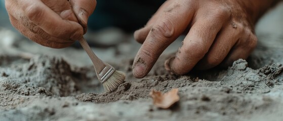 Careful hands delicately unearth objects from shallow earth, using a small brush to reveal history in a scene of focused archaeological exploration.