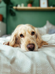 Adorable Cocker Spaniel lying comfortably on a bright bed, enjoying a quiet and cozy moment in a warmly lit room.