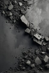 a close up of a pile of rubble with a broken wall