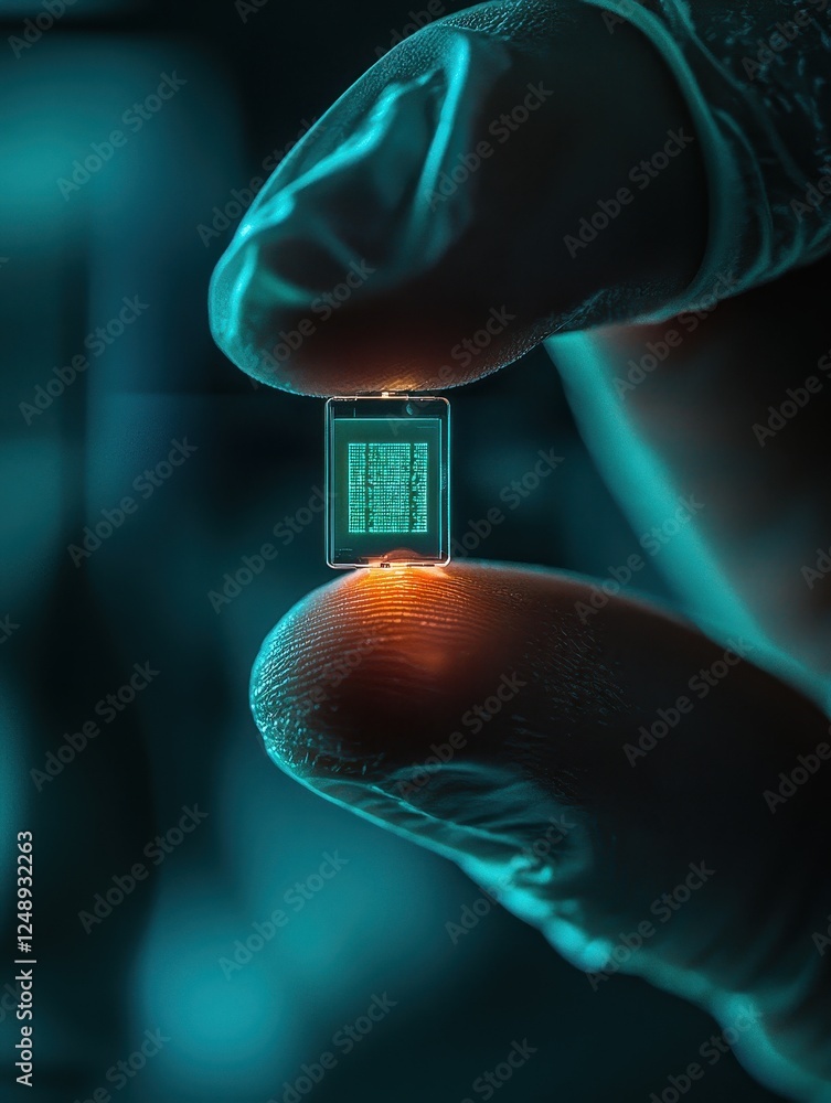 Poster innovative technology event microchip development in a lab futuristic environment close-up viewpoint