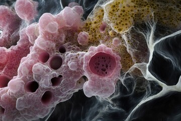 Detailed microscopic view showcasing the vibrant colors and textures of mold spores colonizing a surface, highlighting their complex structures