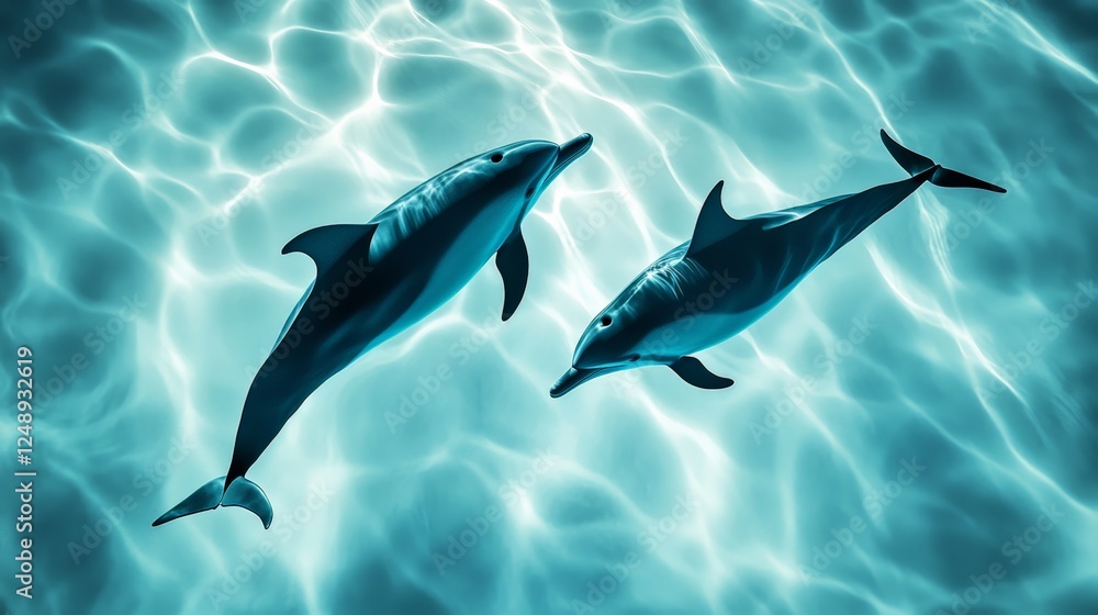 Poster two dolphins are swimming gracefully in clear blue ocean water, creating a serene and captivating un