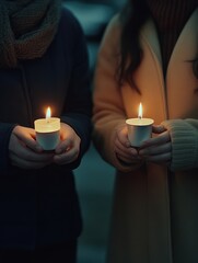 Two people standing close together, each holding a lit candle during an evening snowfall. This scene depicts a moment of connection and warmth.