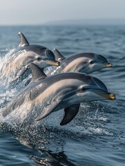 Fototapeta premium Dolphins leaping gracefully in the ocean marine life photography seascape aerial view natural beauty