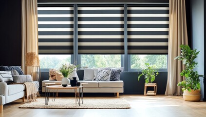 Modern striped blinds in living room, sunlight, view