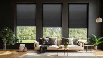 Modern living room, blackout blinds, large windows, garden view, home decor