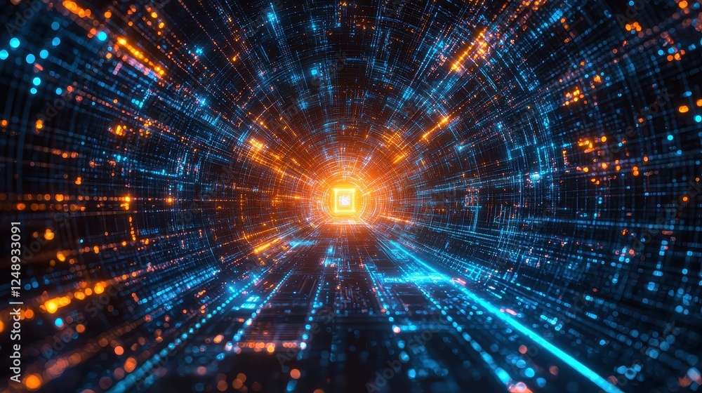 Poster futuristic data flow digital tunnel abstract art virtual reality close-up view technology concept