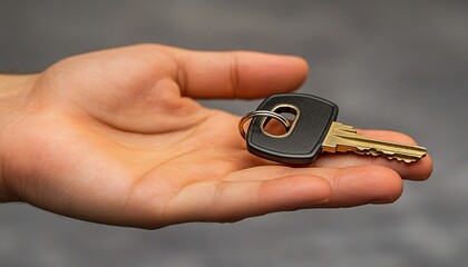 Closeup Of A Hand Offering A Small Black And Gold Key Against A Grey Background