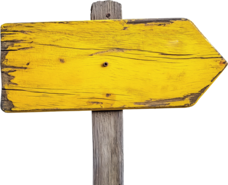Weathered Wooden Arrow Sign Painted Yellow on Transparent Background