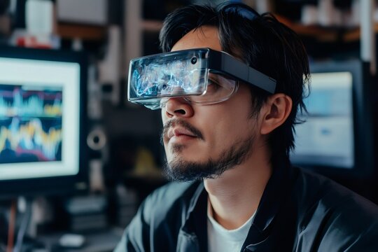 Asian businessman wearing ar glasses analyzing holographic data charts projected in augmented reality headset while working on computer in modern office