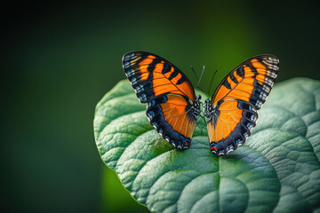 Obraz premium vibrant butterfly with orange and black wings resting on green leaf, showcasing its intricate patterns and delicate beauty in serene natural setting