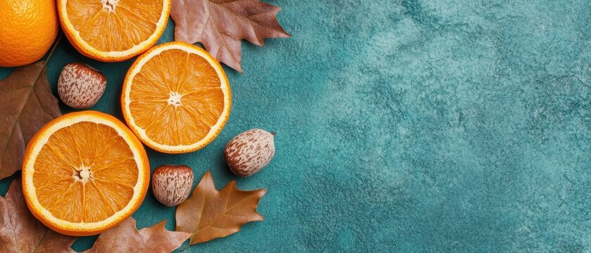 Fresh orange slices with autumn leaves food composition rustic setting close-up view for culinary inspiration