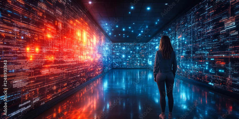 Poster immersive data science platform interface with digital code and visualization