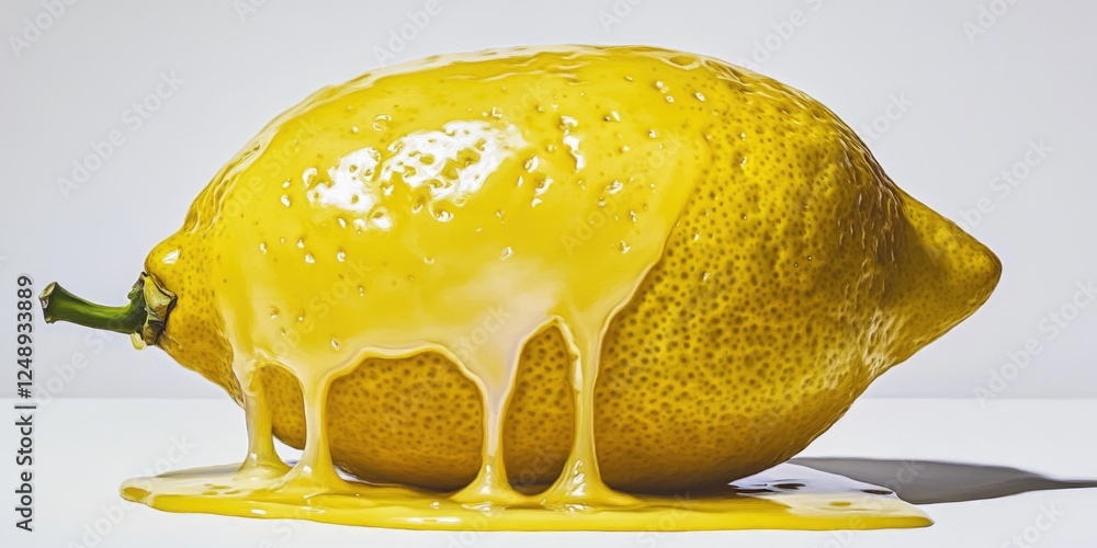Poster a yellow lemon with a stem on top and a drizzle of something on it. the drizzle is yellow and looks 