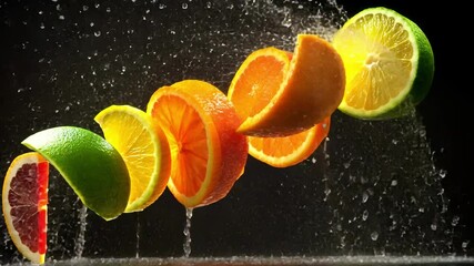 Fresh citrus fruit slices floating in midair with splashing water droplets on a dark background. 4K video - Powered by Adobe