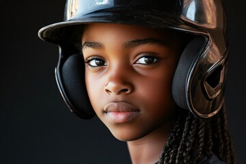 Portrait of a determined young black girl baseball player wearing a helmet, showcasing confidence and strength