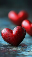 Fototapeta premium Three vivid red hearts rest on a textured blue surface, creating a striking contrast and evoking feelings of love and passion