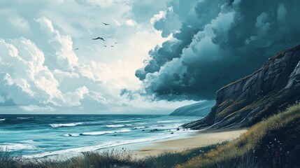 Dramatic coastal scene with contrasting skies and rugged cliffs