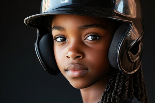 Portrait of a determined young black girl baseball player wearing a helmet, showcasing confidence and strength