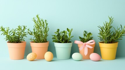 Fototapeta premium Charming easter party decor with potted plants and eggs