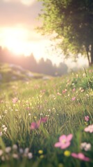 Obraz premium Warm sunlight illuminates a beautiful idyllic meadow filled with colorful wildflowers and lush green grass, creating a serene and peaceful atmosphere