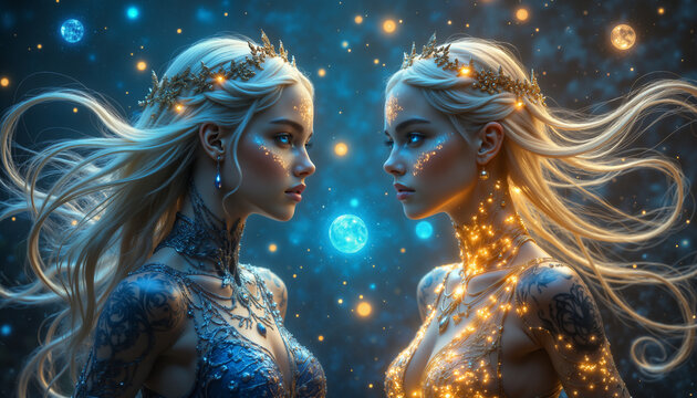 Ethereal Gemini twins glowing in cosmic harmony, duality and balance