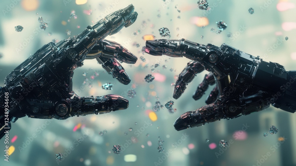 Poster two robotic hands reaching towards each other, surrounded by floating particles and digital elements