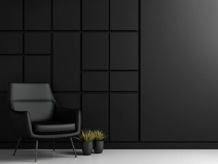 sleek black chair against minimalist black wall, complemented by potted plants, creates modern and stylish atmosphere. Perfect for contemporary interiors