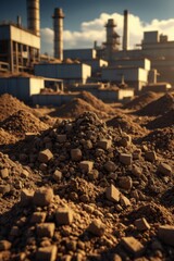 there is a pile of dirt and rocks in front of a factory