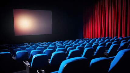 Obraz premium Empty cinema with blue seats and red curtains, showcasing a blank screen.
