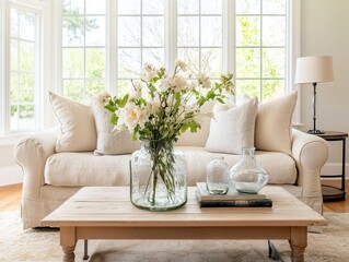 Fototapeta premium A contemporary shabby chic living room with a beige linen sofa, distressed wood furniture, and a mix of modern glass vases with vintage floral arrangements