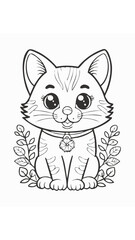 Cute Cat Kitten Coloring Kid Book Page in Black and White. Monochrome and Colored Samples
