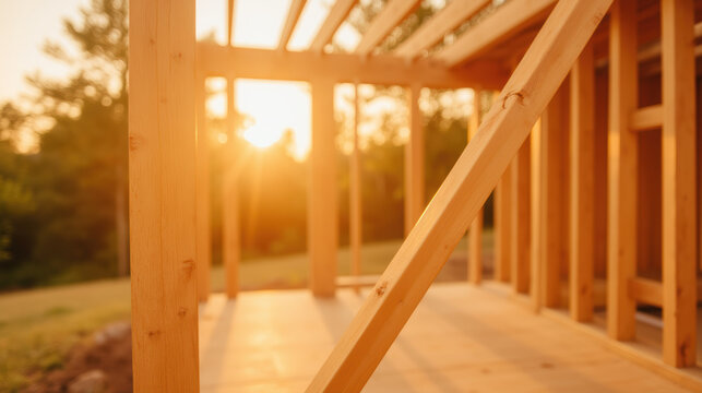 Building structure with wooden frame at sunset