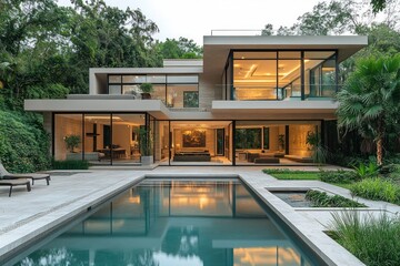 Fototapeta premium Luxury Modern Home with Swimming Pool and Lush Garden in Tranquil Backyard