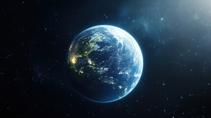 Fototapeta premium Earth viewed from space, showcasing its vibrant colors and illuminated regions. This stunning image captures beauty of our planet against backdrop of cosmos
