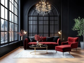 A gothic minimalist interior with matte black walls, arched windows, sleek dark wood furniture, tall candelabras, deep burgundy accents, and soft moody