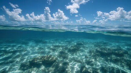 A serene view of a clear blue ocean under a few scattered clouds, evoking tranquility and natural beauty.