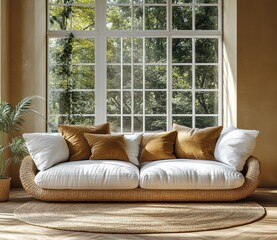 Fototapeta premium Cozy modern Scandinavian living room with sofa and natural light
