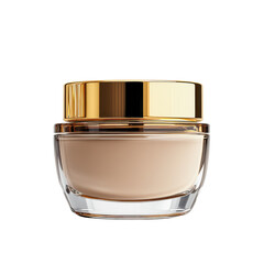 A sleek, round jar containing a creamy substance, topped with a shiny gold lid, ideal for skincare or cosmetic use.