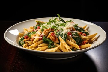 Pasta with spinach tomatoes chicken topped with parmesan and parsley