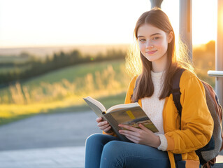 Obraz premium Young woman reading book at rural bus stop during sunset, wearing yellow jacket and backpack, with serene countryside view.