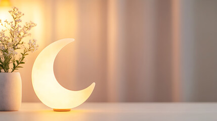 Minimalist crescent moon light glowing next to a white vase with delicate flowers, offering a soft and cozy ambiance. Suitable for Ramadan decor, home styling, and wellness concepts. Selective focus