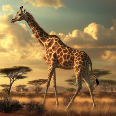 Obraz premium Giraffe walking through african savanna wildlife photography natural habitat scenic landscape outdoor view nature exploration