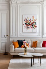 A neoclassical living room with elegant white wall moldings, contrasting modern colorful art installations, soft beige furniture, marble tables