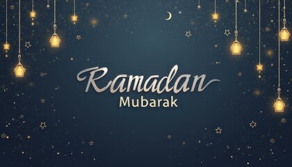 Ramadan Mubarak in White Cursive on Navy Blue with Lanterns