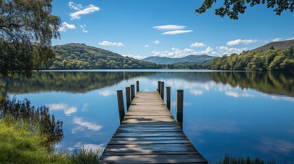 Obraz premium Tranquil lake pier, scenic mountains, summer sky, calm water