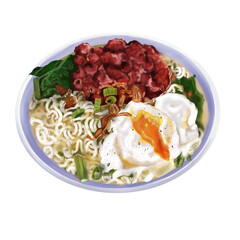 A digital illustration of a bowl of instant ramen topped with a soft-boiled egg, crispy fried meat, leafy greens, and garnished with fried shallots and chopped scallions.